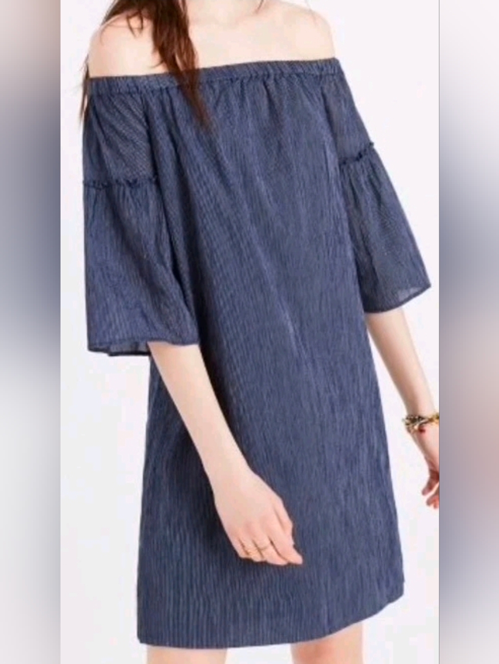 Madewell Navy Pinstripe Lined Off Shoulders Bell Sleeve Dress Size 0